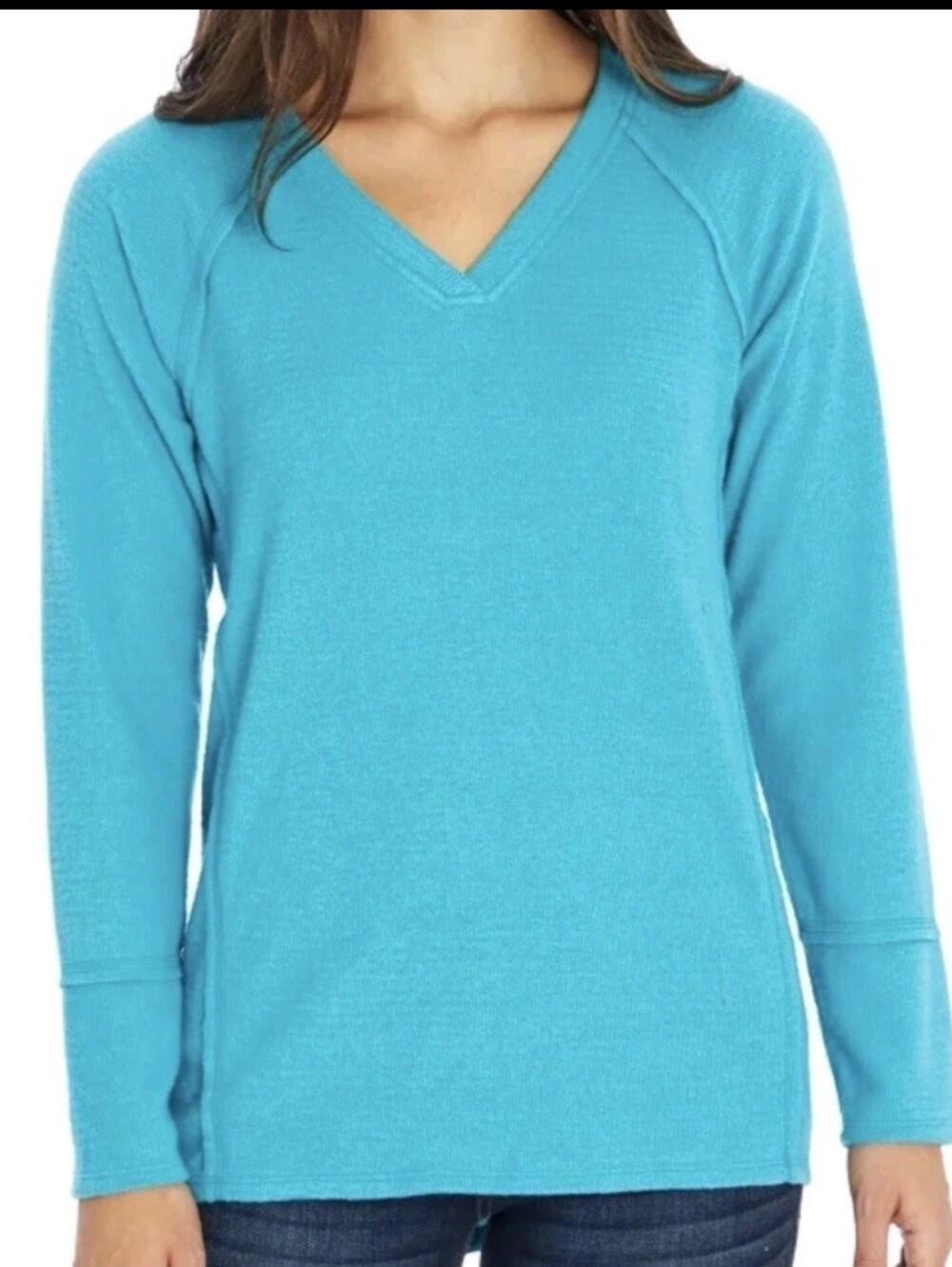 Wildfox Haley WaffleTurquoise Blue Cozy Knit Long sleeve V-neck Top XL NWT